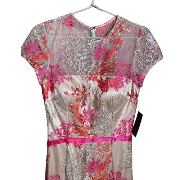 David Meister floral sheer pink Red Embroidered Midi Cocktail Sheath Dress 4 - Picture 3 of 10